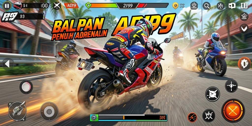 Tampilan gameplay seru ADI99 dengan balapan motor yang menantang.