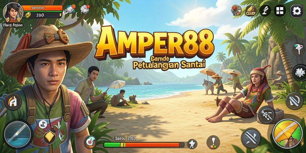Screenshot gameplay AMPER88 menampilkan dunia cerah dan karakter lucu.