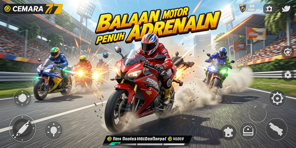 Screenshot CEMARA77 menampilkan aksi balapan motor yang intens dan penuh warna.
