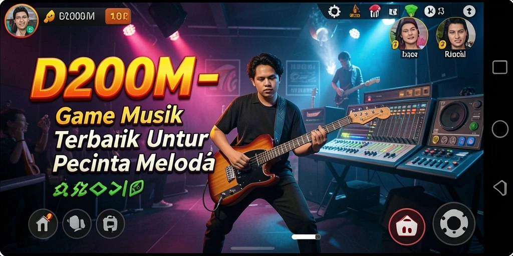 Screenshot utama D200M menunjukkan pengalaman mendengarkan musik yang seru dan interaktif.