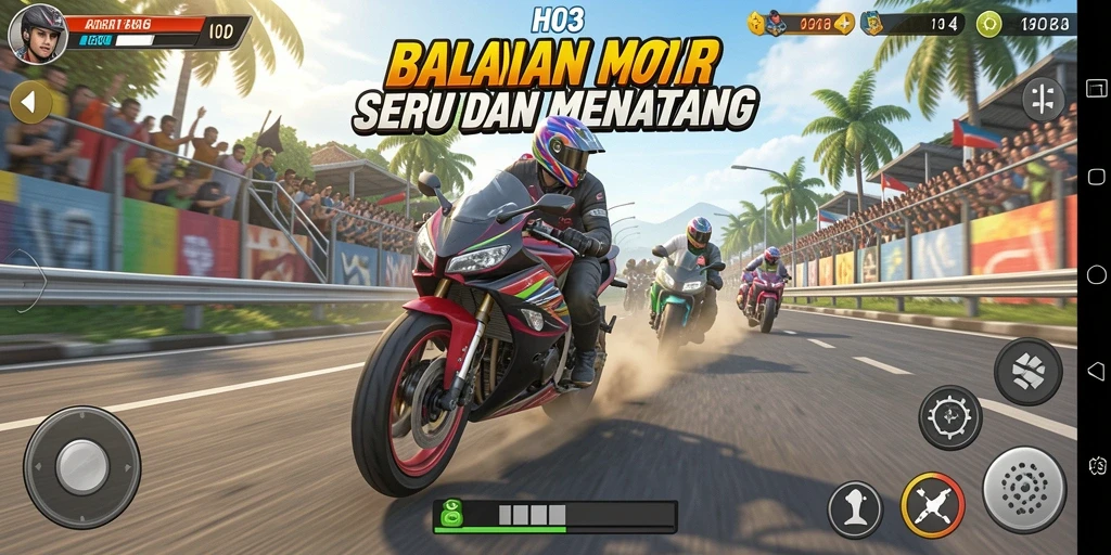 Tampilan seru balapan motor dengan lintasan yang mendebarkan.