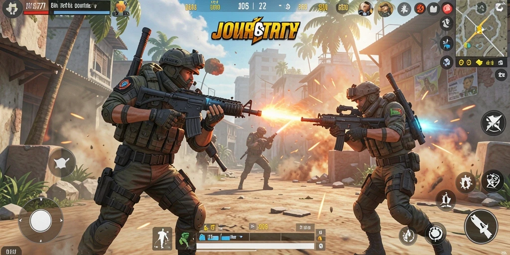 Tampilan gameplay JOS77 dengan pertempuran intens di arena Battle Royale.