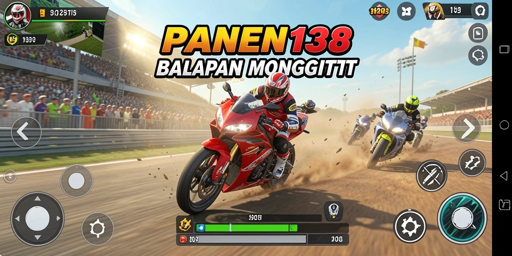 Tangkapan layar gameplay PANEN138 menunjukkan aksi balapan motor yang intens.