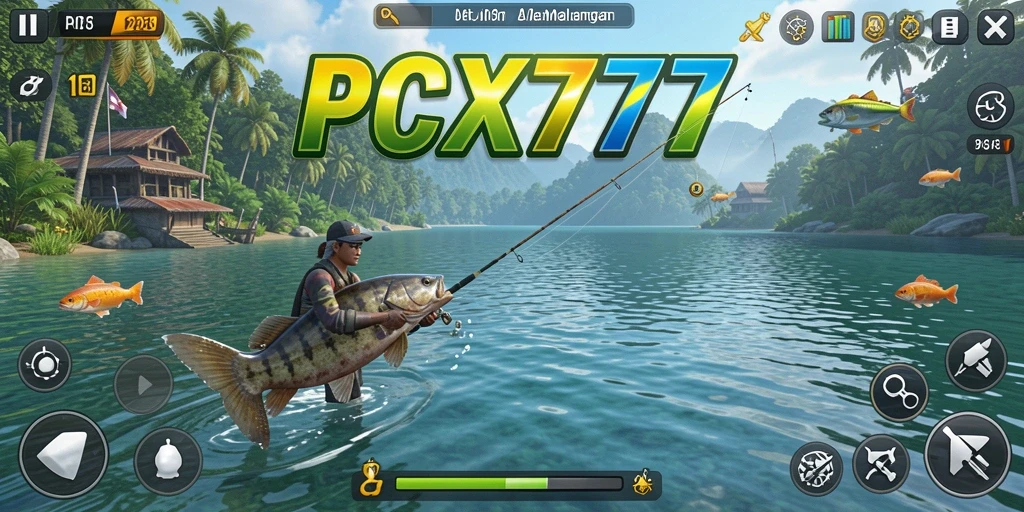 Tampilan gameplay PCX777 saat memancing di lautan yang indah.