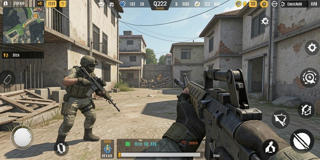 Screenshot gameplay QQ222 menunjukkan aksi seru dalam pertempuran FPS.