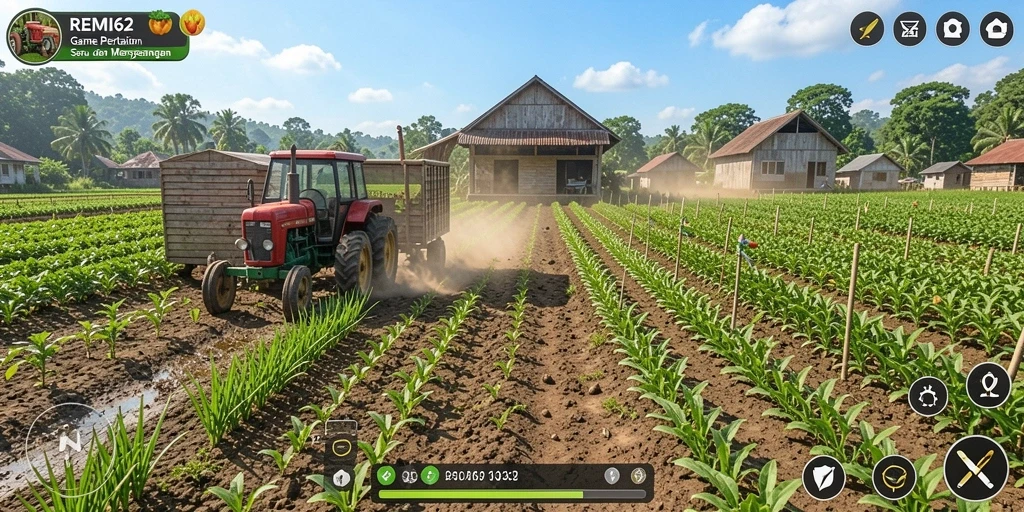 Tampilan gameplay REMI62 yang menarik dengan aktivitas bertani.