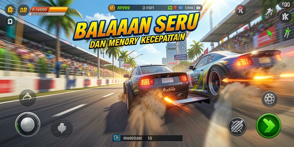 Gameplay RR999 yang mendebarkan dengan mobil balap yang cepat.